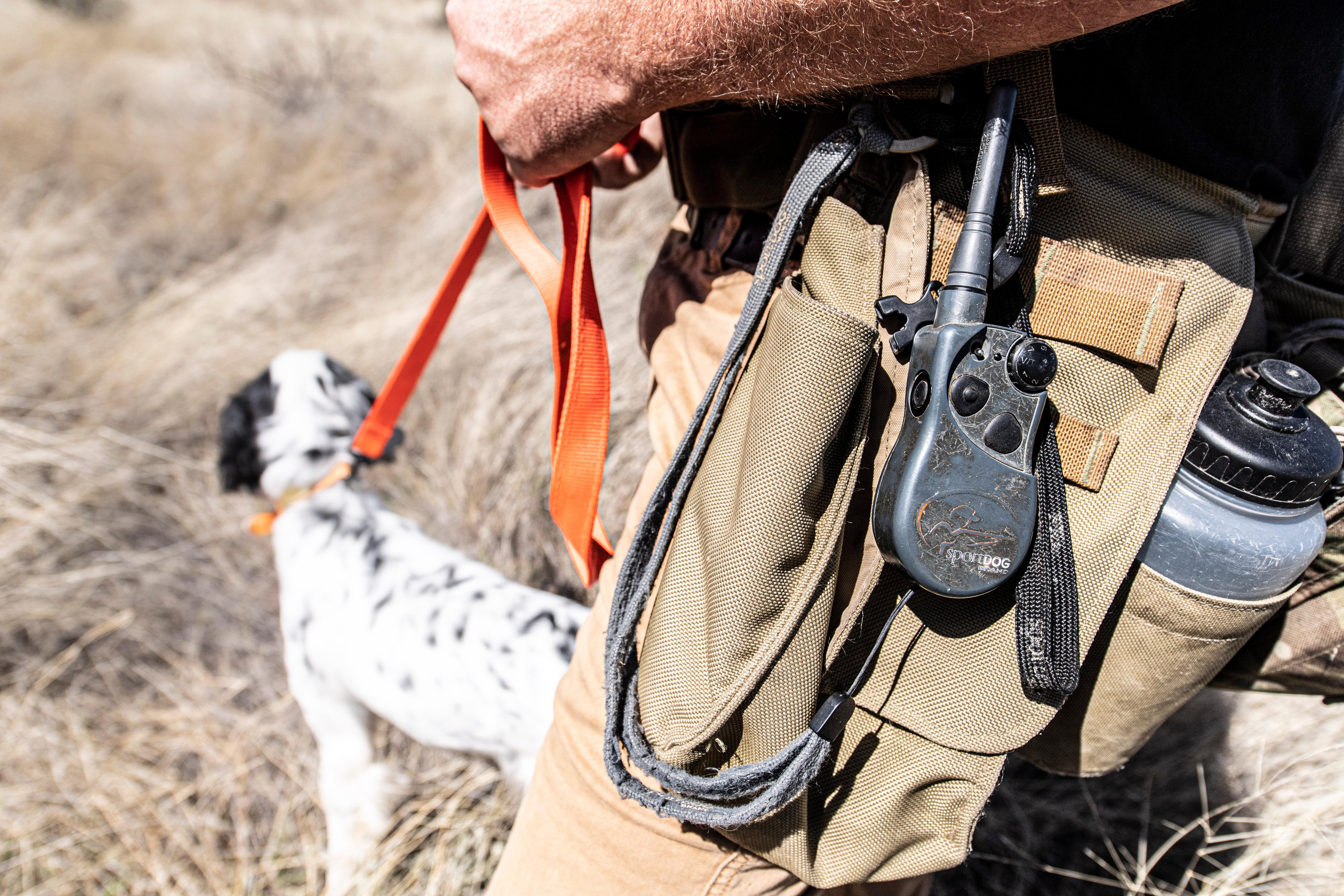 An old, beat up e-collar remote clipped to someone's pocket who is holding his dog's leash